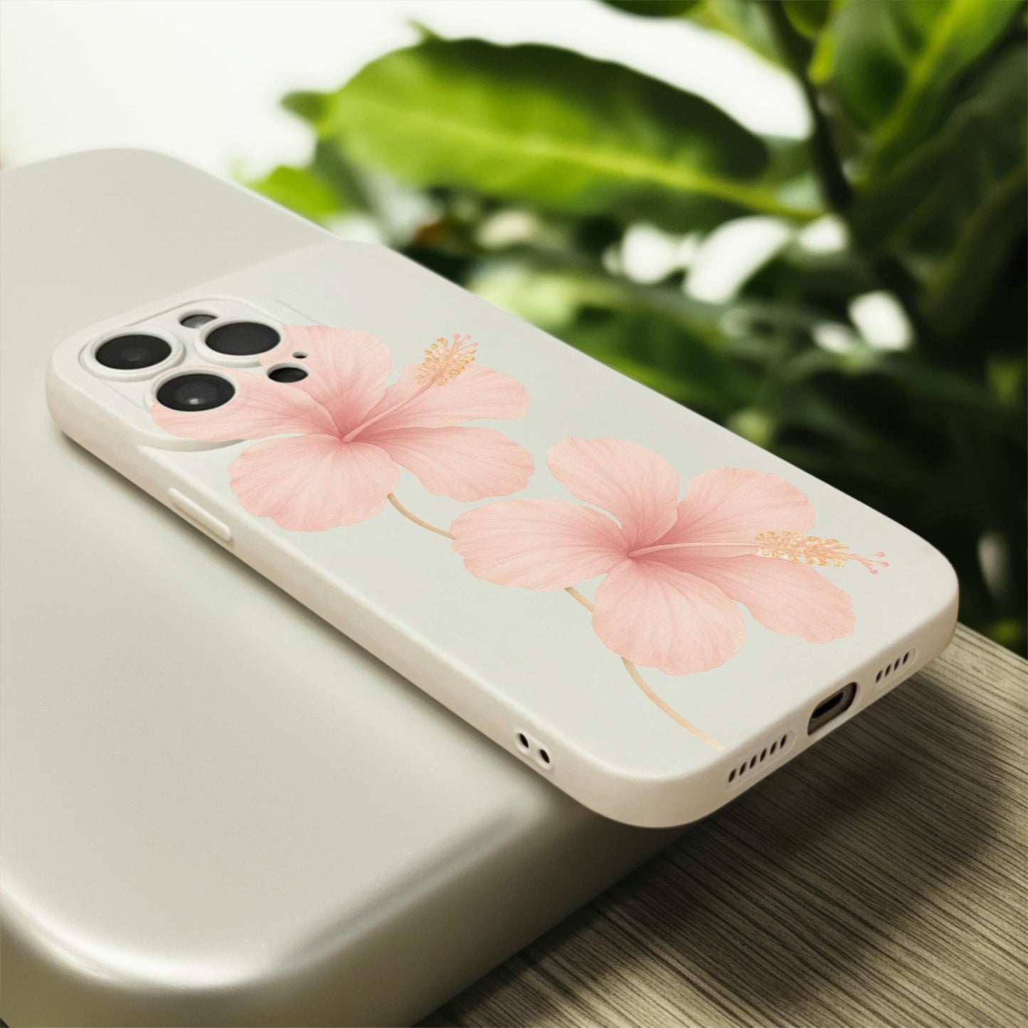 Pink Hibiscus Flower Floral Beige Phone Case for iPhone 17 16 15 14 13 12 11 11 Pro Max Mini 7 8 XR XS X Shockproof Phone Cover Custom Name