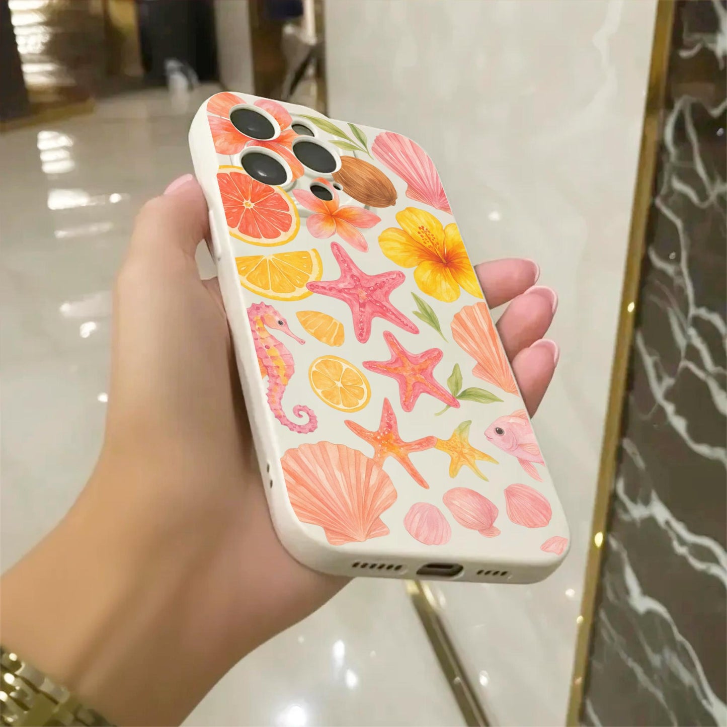 Hibiscus Flower Shell Seahorse Coconut Phone Case for iPhone 17 16 15 14 13 12 11 11 Pro Max Mini 7 8 XR XS X Shockproof Cover Custom Name
