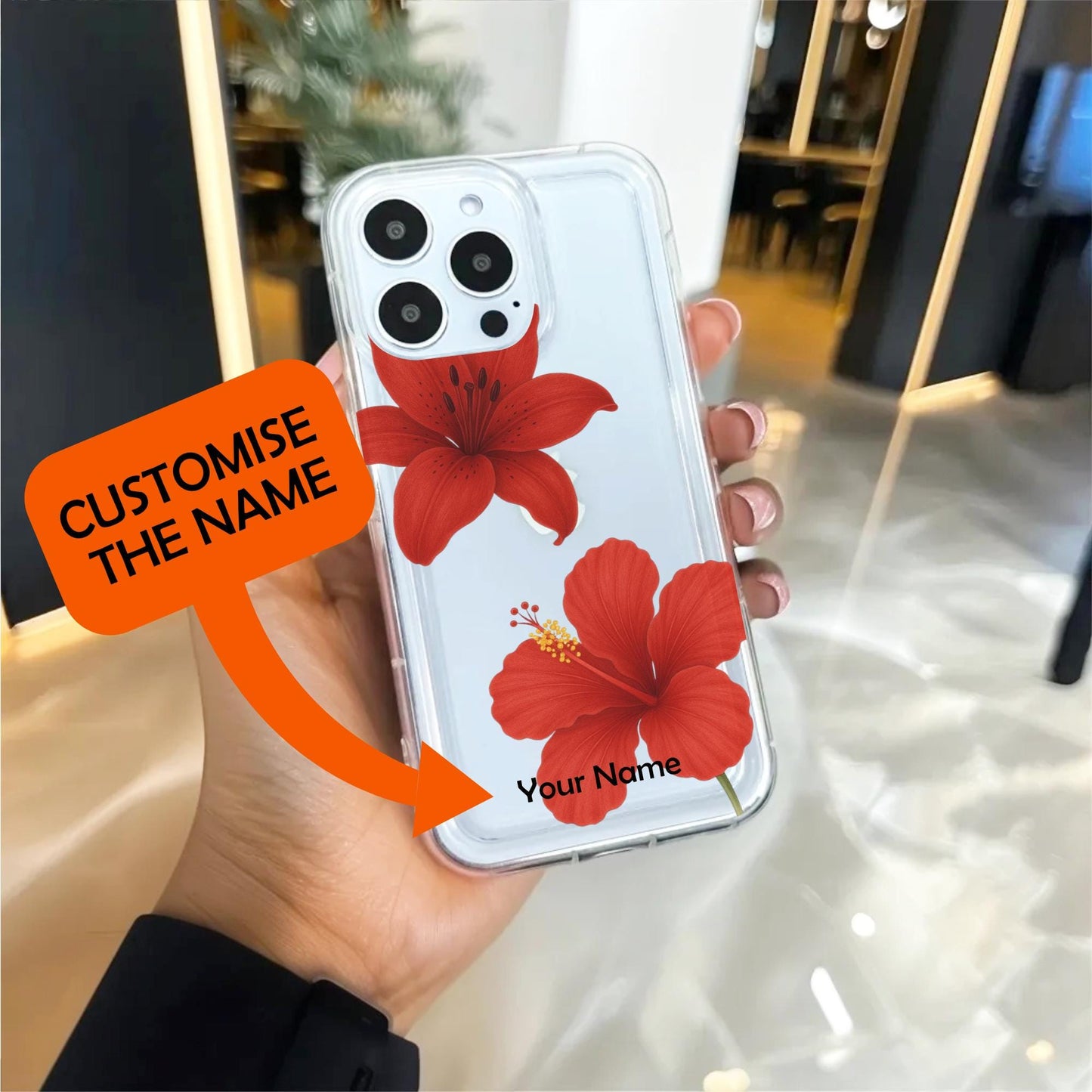 Red Hibiscus Flower Pattern Clear Phone Case for iPhone 16 15 14 13 12 11 11 Pro Max Mini 7 8 XR XS X Wallet Shockproof Cover