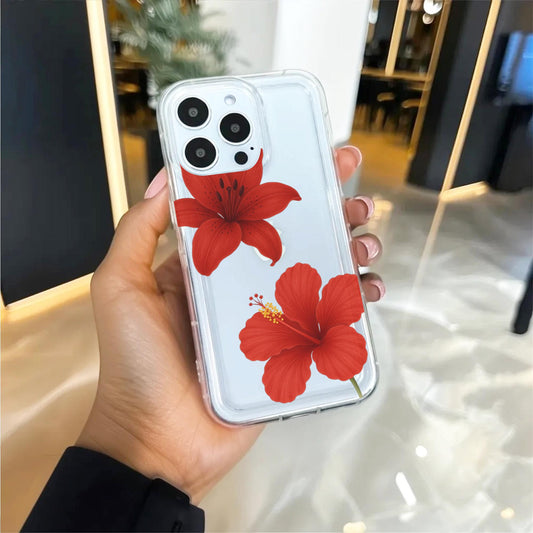 Red Hibiscus Flower Pattern Clear Phone Case for iPhone 16 15 14 13 12 11 11 Pro Max Mini 7 8 XR XS X Wallet Shockproof Cover