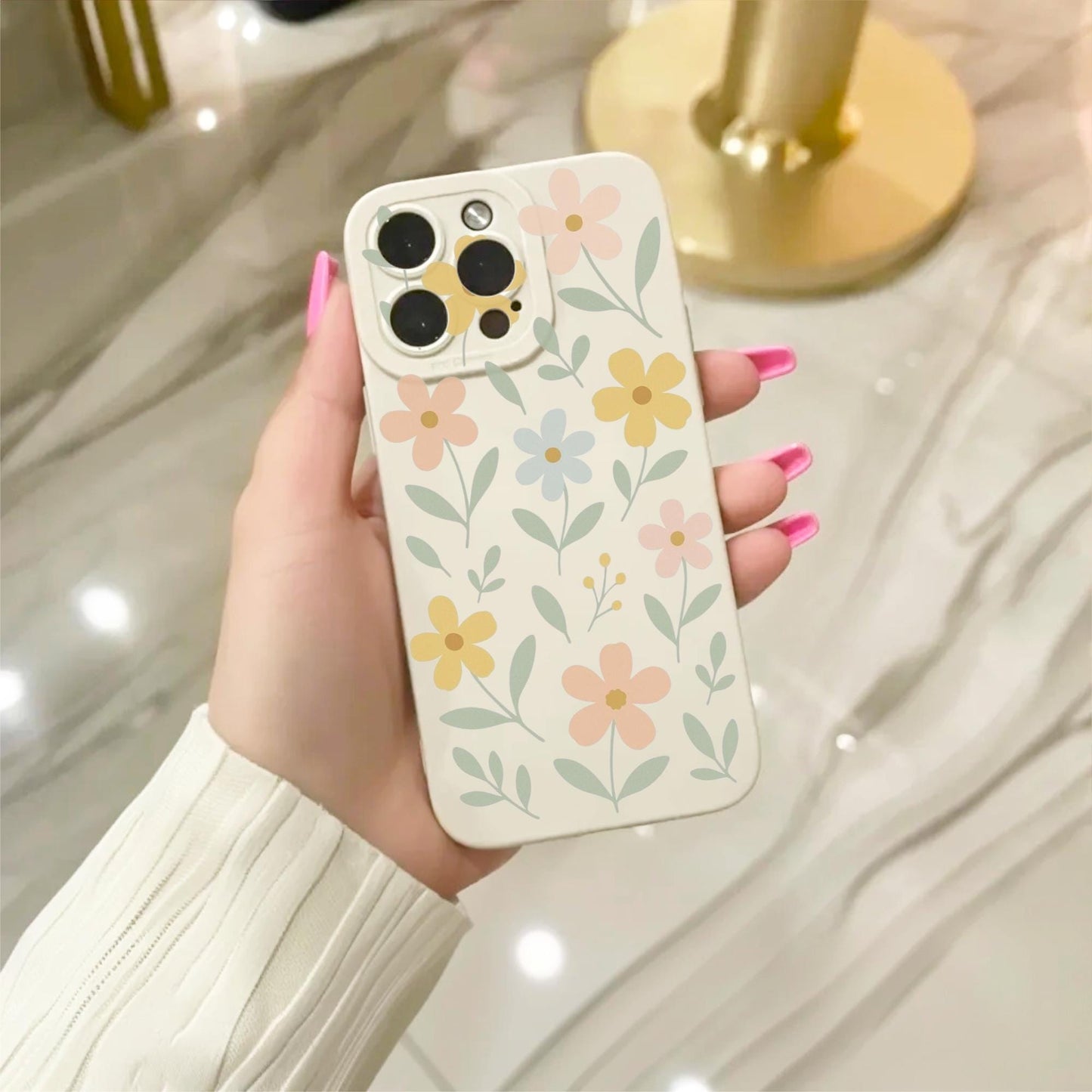 Floral Flower Pattern Beige Phone Case for iPhone 17 16 15 14 13 12 11 11 Pro Max Mini 7 8 XR XS X Shockproof Phone Cover with Custom Name