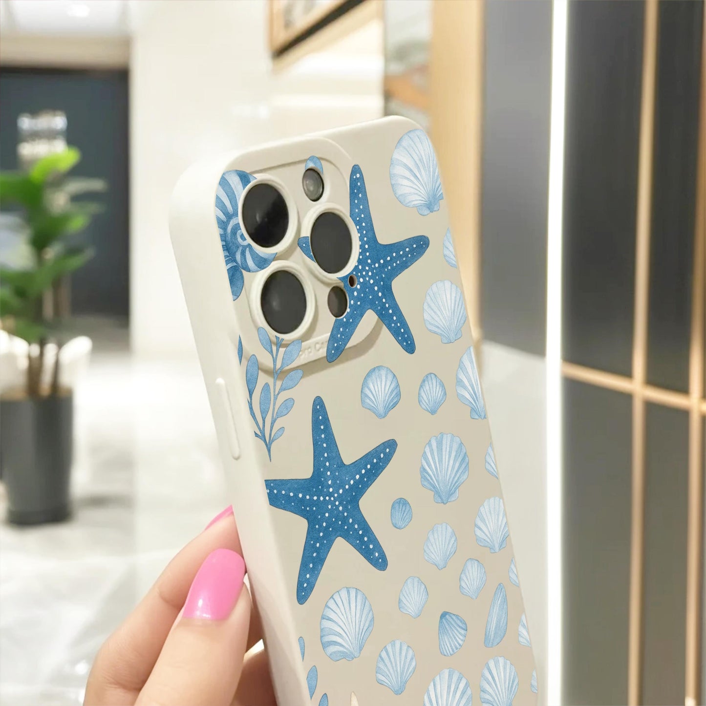 Blue Shell Starfish Beach Theme Beige Phone Case for iPhone 17 16 15 14 13 12 11 11 Pro Max Mini 7 8 XR X Shockproof Phone Cover Custom Name