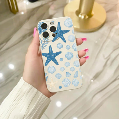 Blue Shell Starfish Beach Theme Beige Phone Case for iPhone 17 16 15 14 13 12 11 11 Pro Max Mini 7 8 XR X Shockproof Phone Cover Custom Name