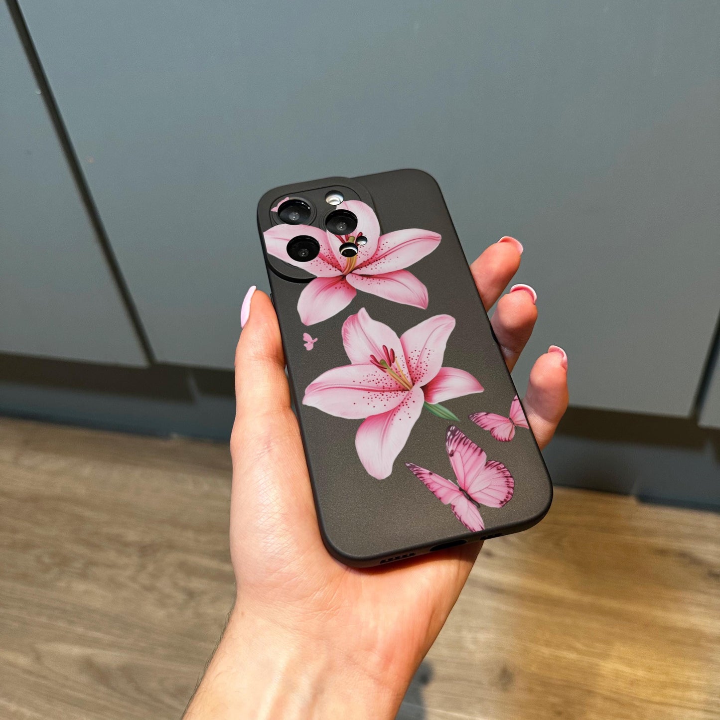 Pink Floral Lily Butterfly Black Phone Case for iPhone 17 16 15 14 13 12 11 11 Pro Max Mini 7 8 XR XS X Shockproof Phone Cover Custom Name