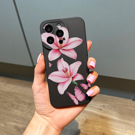 Pink Floral Lily Butterfly Black Phone Case for iPhone 17 16 15 14 13 12 11 11 Pro Max Mini 7 8 XR XS X Shockproof Phone Cover Custom Name