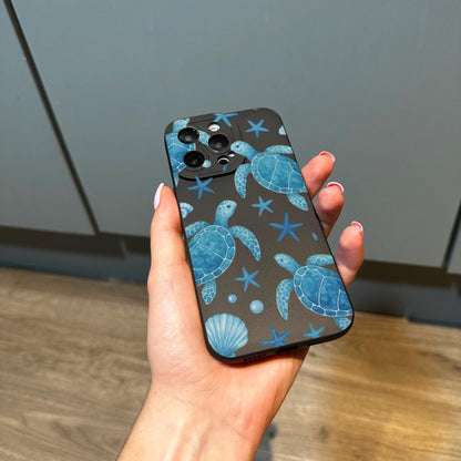 Blue Turtle Pattern Beach Black Phone Case for iPhone 17 16 15 14 13 12 11 11 Pro Max Mini 7 8 XR XS X Shockproof Phone Cover Custom Name