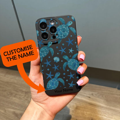 Blue Turtle Pattern Star Shell Black Phone Case for iPhone 17 16 15 14 13 12 11 11 Pro Max Mini 7 8 XR XS X Shockproof Phone Cover Custom