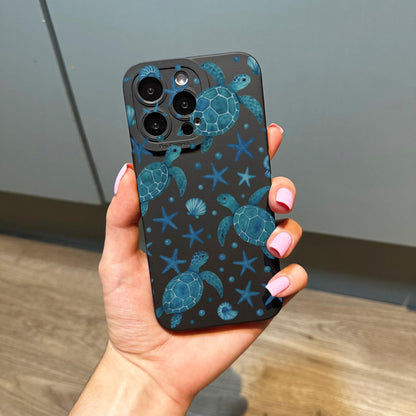 Blue Turtle Pattern Star Shell Black Phone Case for iPhone 17 16 15 14 13 12 11 11 Pro Max Mini 7 8 XR XS X Shockproof Phone Cover Custom
