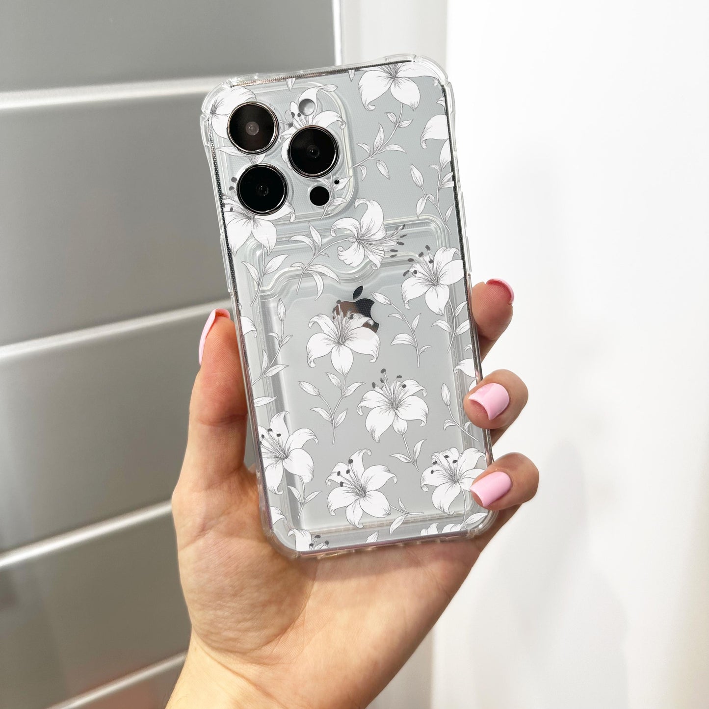 White Lily Floral Pattern Card Holder Phone Case for iPhone 17 16 15 14 13 12 11 11 Pro Max Mini 7 8 XR Wallet Shockproof Phone Cover