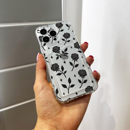 Black Rose Silhouettes Pattern Card Holder Phone Case for iPhone 17 16 15 14 13 12 11 11 Pro Max Mini 7 8 XR Wallet Shockproof Phone Cover