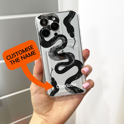 Snake Pattern Card Holder Phone Case for iPhone 17 16 15 14 13 12 11 11 Pro Max Mini 7 8 XR Wallet Shockproof Phone Cover Custom Name