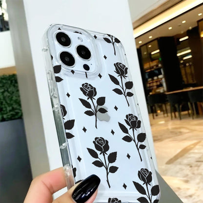 Black Rose Pattern Clear Phone Case for iPhone 17 16 15 14 13 12 11 11 Pro Max Mini 7 8 XR XS X Shockproof Cover with Custom Name