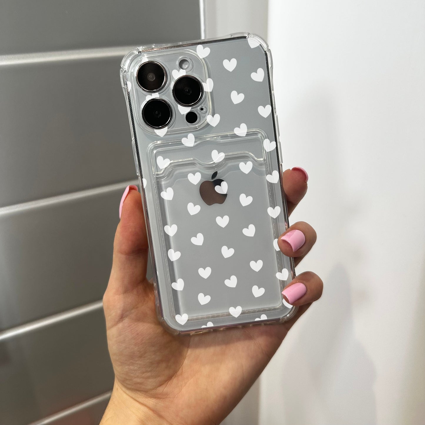 White Heart Card Holder Clear Phone Case for iPhone 17 16 15 14 13 12 11 11 Pro Max Mini 7 8 XR XS X Shockproof Phone Cover Customised Name