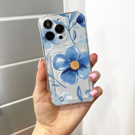 Blue Watercolor Flower Card Holder Phone Case for iPhone 17 16 15 14 13 12 11 11 Pro Max Mini 7 XR Wallet Shockproof Phone Cover Custom Name