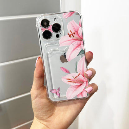 Pink Lily Butterfly Card Holder Phone Case for iPhone 17 16 15 14 13 12 11 11 Pro Max Mini 7 8 XR Wallet Shockproof Phone Cover Custom Name
