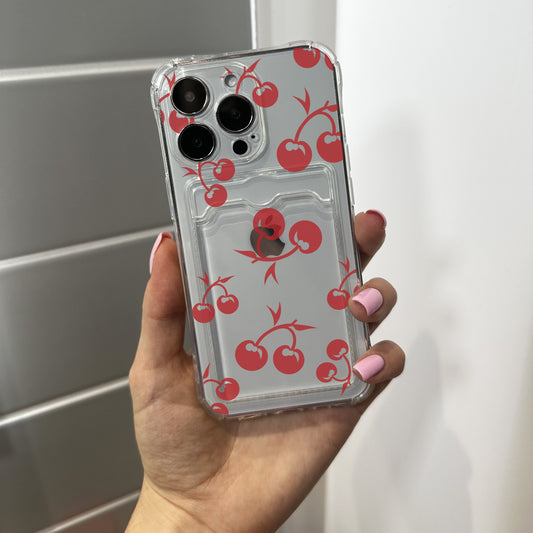 Red Cherry Card Holder Phone Case for iPhone 17 16 15 14 13 12 11 11 Pro Max Mini 7 8 XR X Wallet Shockproof Phone Cover with Custom Name