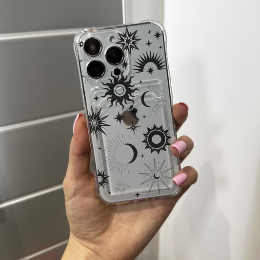 Cosmic Sun Card Holder Phone Case for iPhone 17 16 15 14 13 12 11 11 Pro Max Mini 7 8 XR XS X Wallet Shockproof Phone Cover with Custom Name