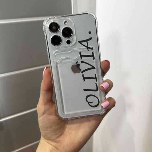 Personalised Cursive Name Clear Card Holder Phone Case for iPhone 17 15 15 14 13 12 11 11 Pro Max Mini 7 8 XR XS X Shockproof Phone Cover