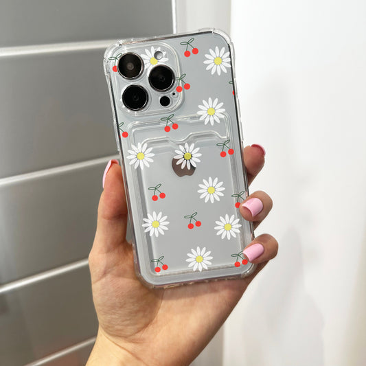Cherry Daisy Card Holder Phone Case for iPhone 17 16 15 14 13 12 11 11 Pro Max Mini 7 8 XR XS X Wallet Shockproof Phone Cover Custom Name