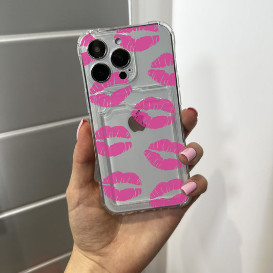 Pink Lips Card Holder Phone Case for iPhone 17 16 15 14 13 12 11 11 Pro Max Mini 7 8 XR XS X Wallet Shockproof Phone Cover with Custom Name