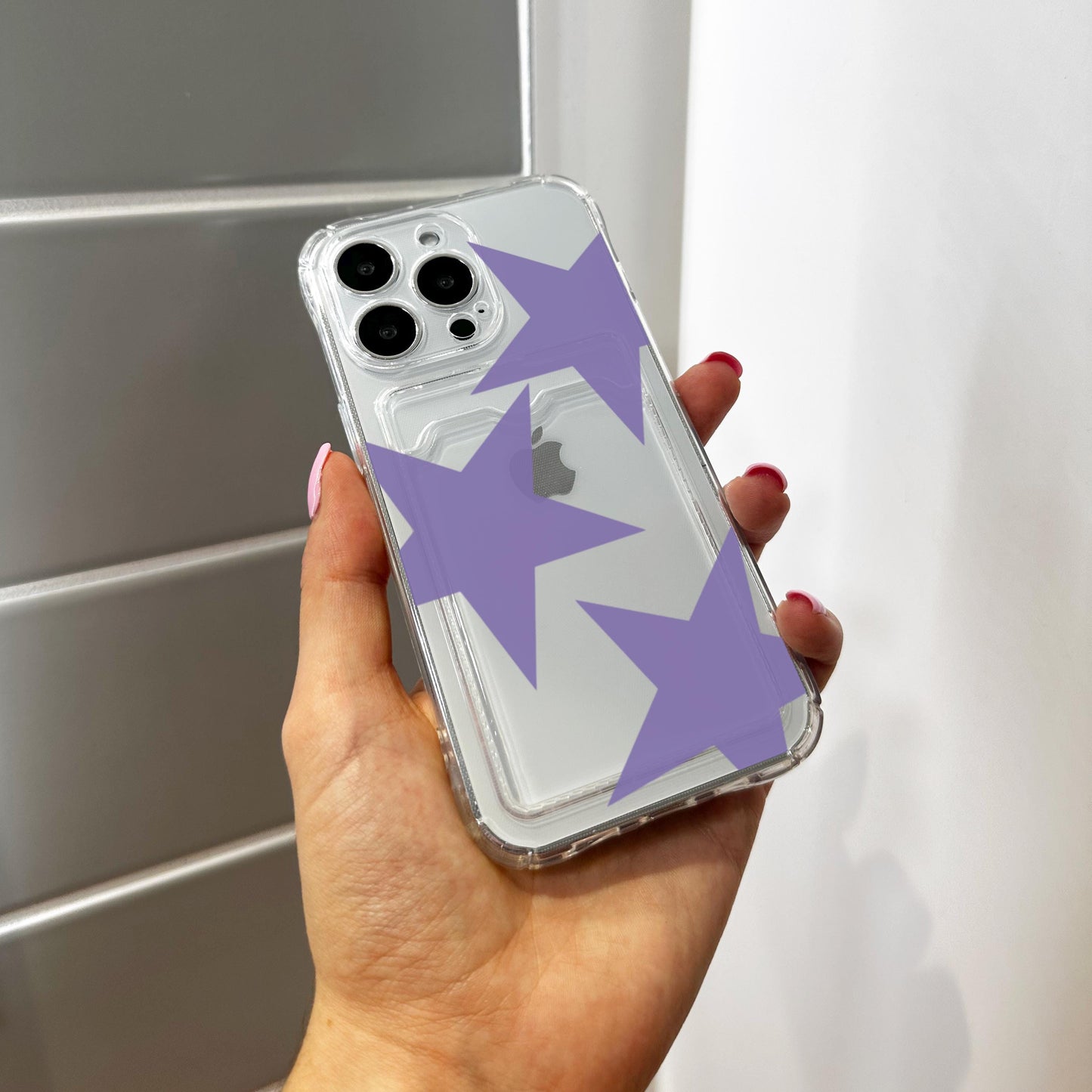 Purple Retro Star Pattern Card Holder Phone Case for iPhone 17 16 15 14 13 12 11 11 Pro Max Mini 7 8 XR Wallet Shockproof Phone Cover