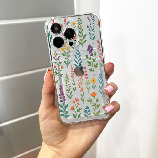 Wild Flower Colourful Pattern Card Holder Phone Case for iPhone 17 16 15 14 13 12 11 11 Pro Max Mini 7 8 XR Wallet Shockproof Phone Cover