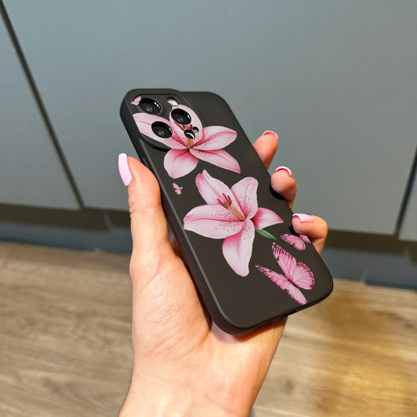 Pink Floral Lily Butterfly Black Phone Case for iPhone 17 16 15 14 13 12 11 11 Pro Max Mini 7 8 XR XS X Shockproof Phone Cover Custom Name