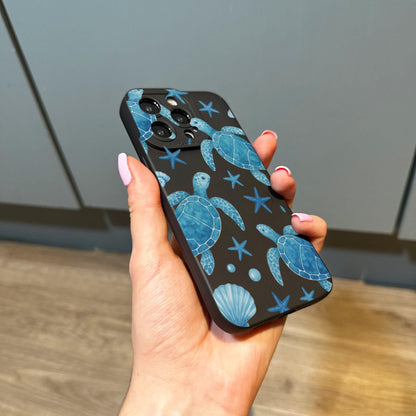 Blue Turtle Pattern Beach Black Phone Case for iPhone 17 16 15 14 13 12 11 11 Pro Max Mini 7 8 XR XS X Shockproof Phone Cover Custom Name