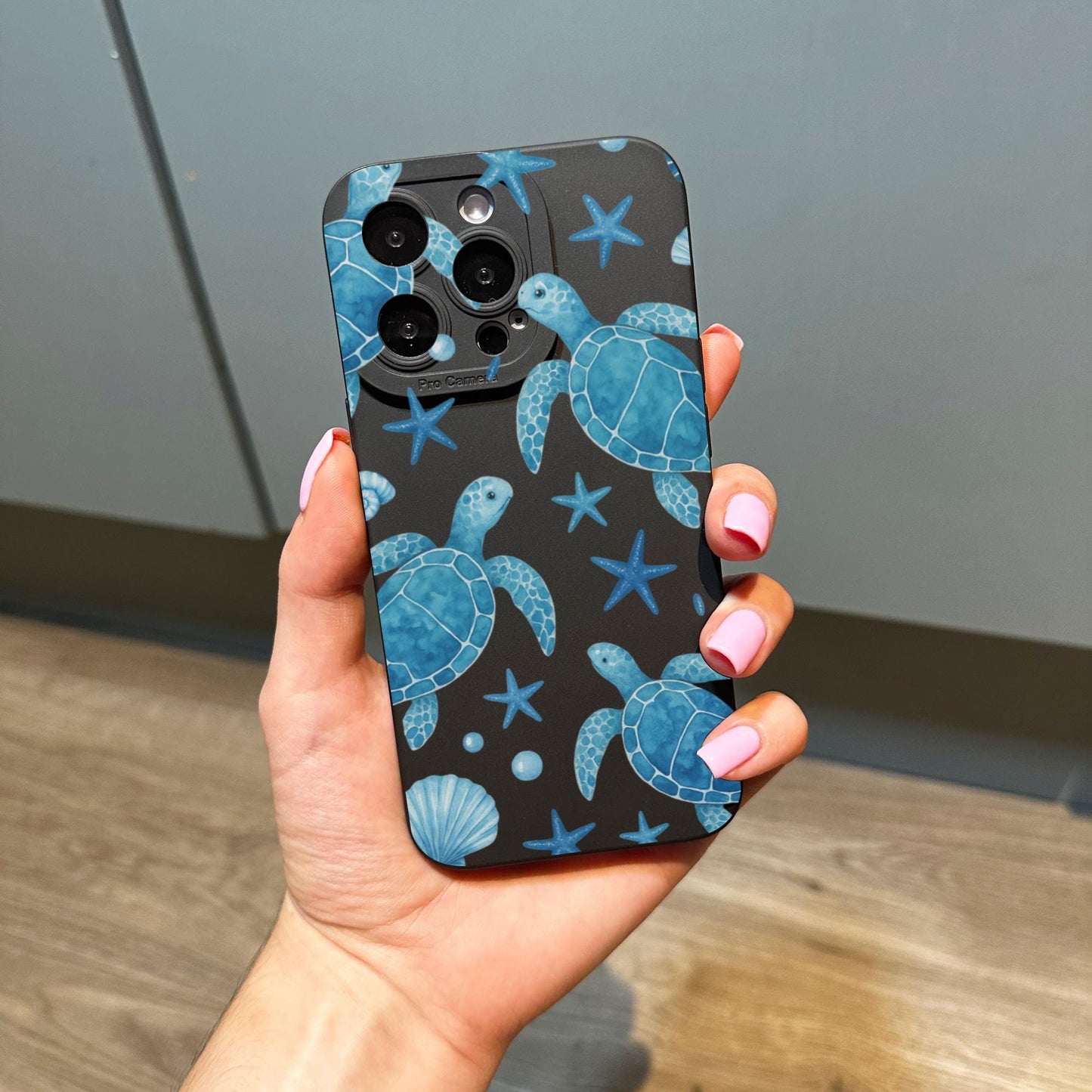 Blue Turtle Pattern Beach Black Phone Case for iPhone 17 16 15 14 13 12 11 11 Pro Max Mini 7 8 XR XS X Shockproof Phone Cover Custom Name