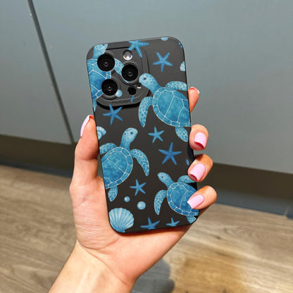Blue Turtle Pattern Beach Black Phone Case for iPhone 17 16 15 14 13 12 11 11 Pro Max Mini 7 8 XR XS X Shockproof Phone Cover Custom Name