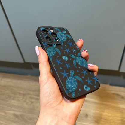 Blue Turtle Pattern Star Shell Black Phone Case for iPhone 17 16 15 14 13 12 11 11 Pro Max Mini 7 8 XR XS X Shockproof Phone Cover Custom