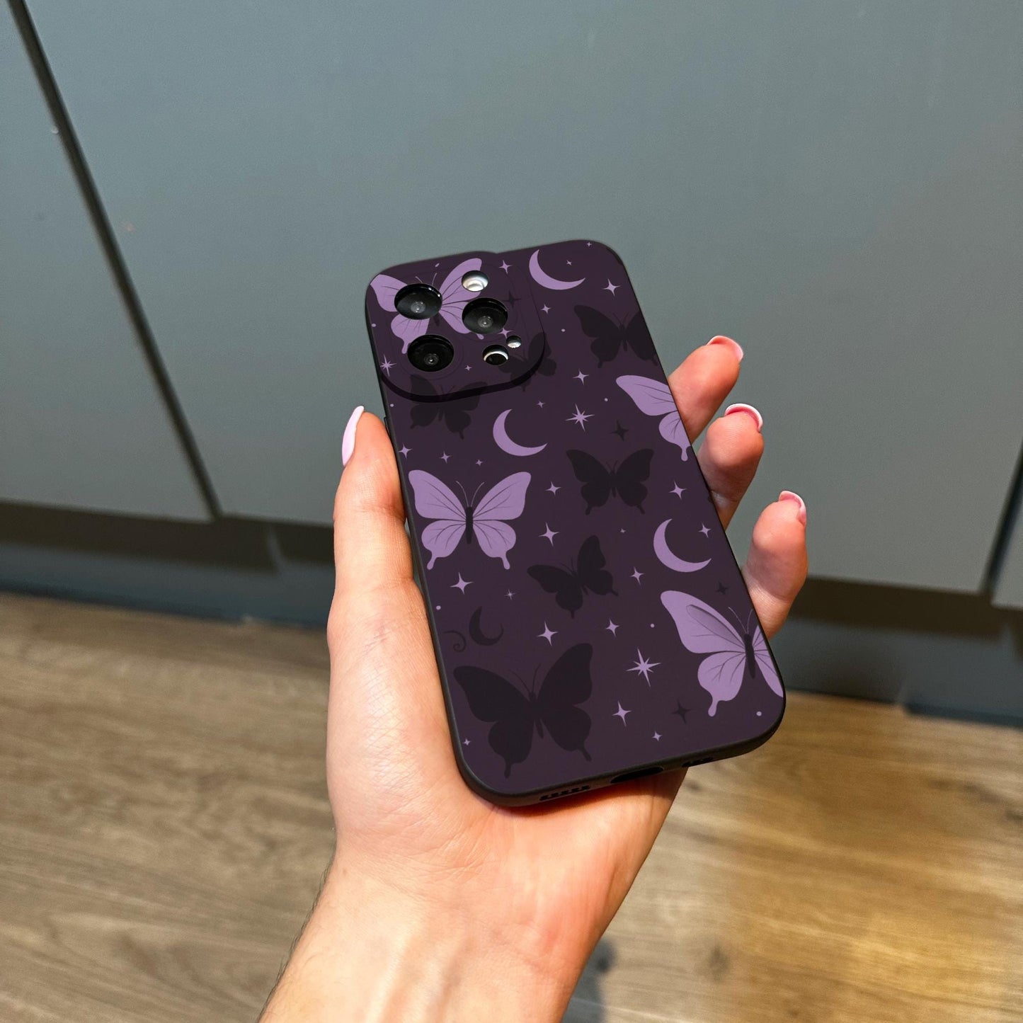 Butterfly Moon Pink Purple Pattern Phone Case for iPhone 17 16 15 14 13 12 11 11 Pro Max Mini 7 8 XR XS X Shockproof Phone Cover Custom Name