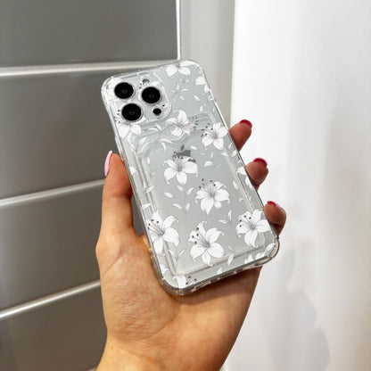 White Lily Floral Pattern Card Holder Phone Case for iPhone 17 16 15 14 13 12 11 11 Pro Max Mini 7 8 XR Wallet Shockproof Phone Cover
