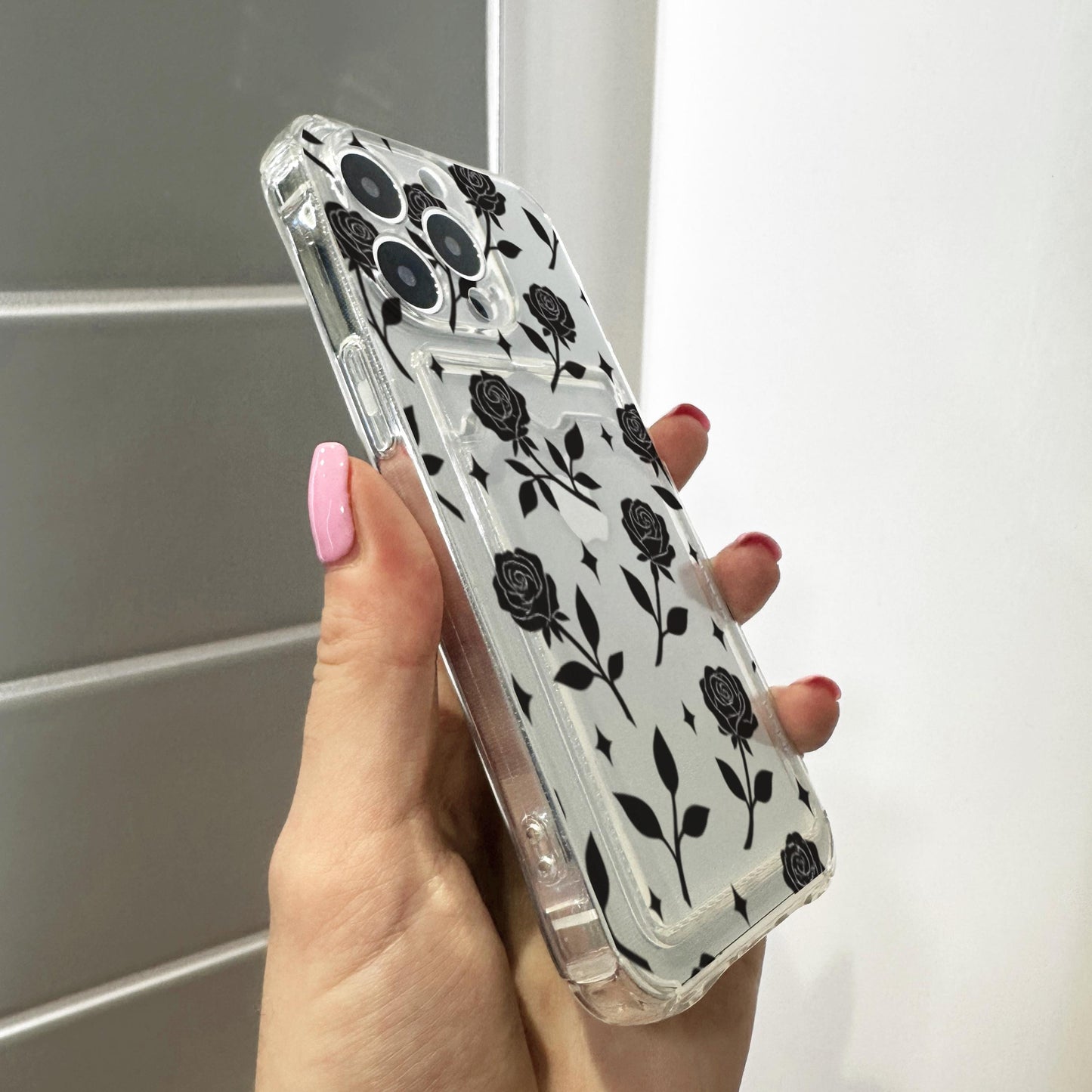 Black Rose Silhouettes Pattern Card Holder Phone Case for iPhone 17 16 15 14 13 12 11 11 Pro Max Mini 7 8 XR Wallet Shockproof Phone Cover