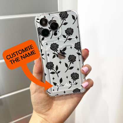 Black Rose Silhouettes Pattern Card Holder Phone Case for iPhone 17 16 15 14 13 12 11 11 Pro Max Mini 7 8 XR Wallet Shockproof Phone Cover
