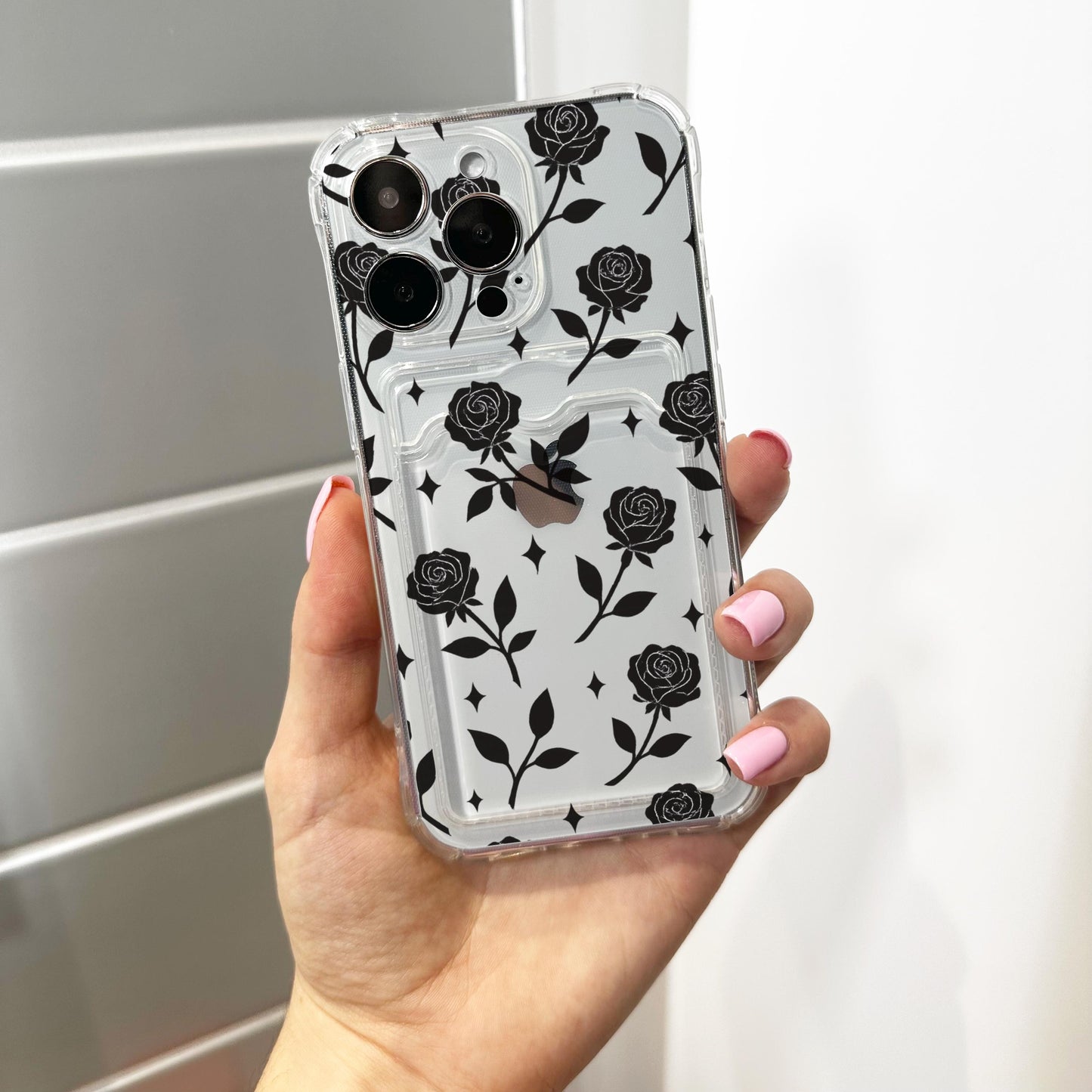 Black Rose Silhouettes Pattern Card Holder Phone Case for iPhone 17 16 15 14 13 12 11 11 Pro Max Mini 7 8 XR Wallet Shockproof Phone Cover