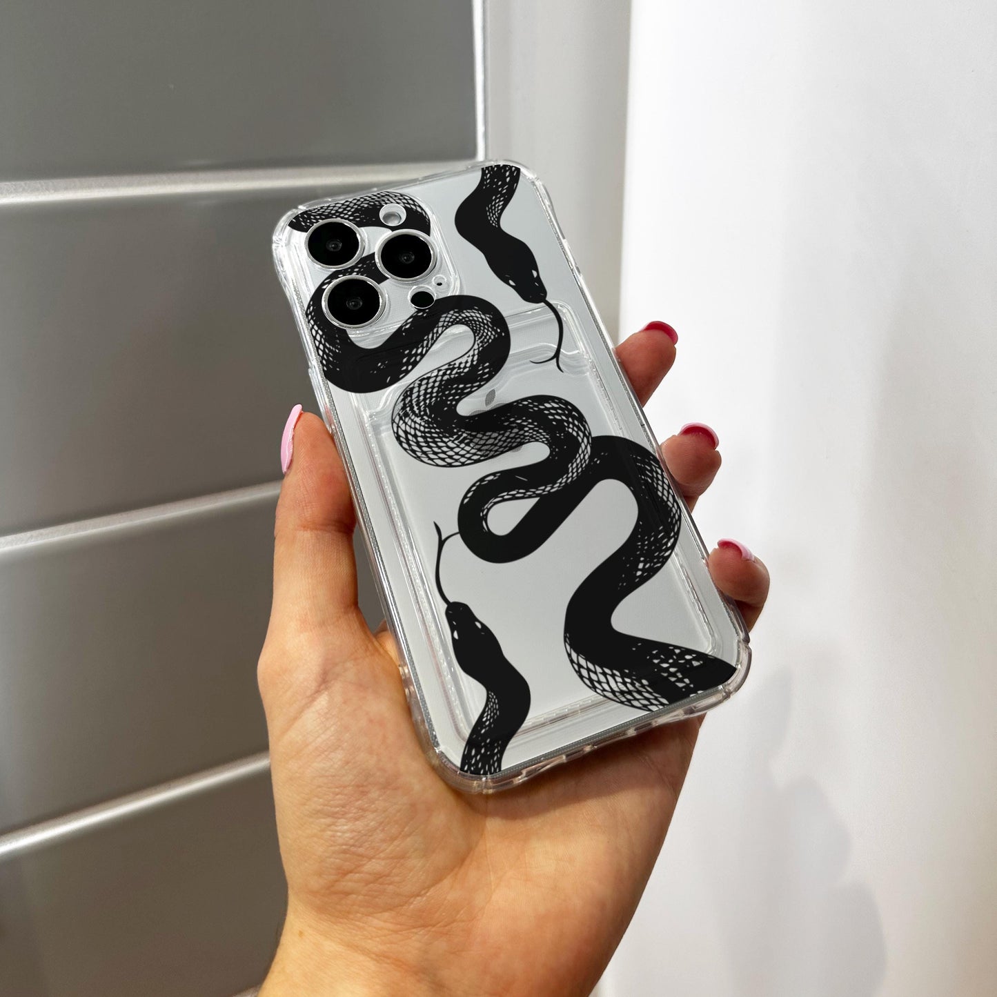 Snake Pattern Card Holder Phone Case for iPhone 17 16 15 14 13 12 11 11 Pro Max Mini 7 8 XR Wallet Shockproof Phone Cover Custom Name