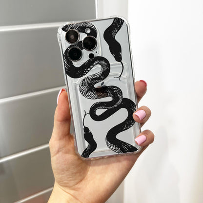 Snake Pattern Card Holder Phone Case for iPhone 17 16 15 14 13 12 11 11 Pro Max Mini 7 8 XR Wallet Shockproof Phone Cover Custom Name