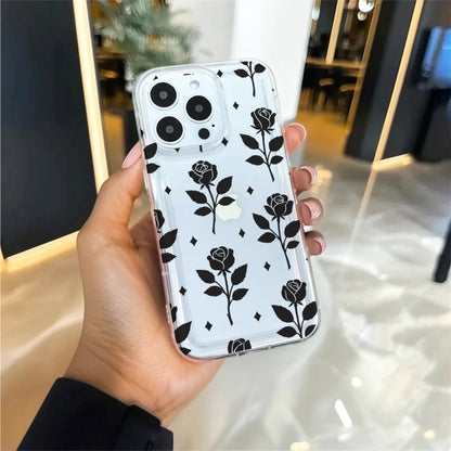 Black Rose Pattern Clear Phone Case for iPhone 17 16 15 14 13 12 11 11 Pro Max Mini 7 8 XR XS X Shockproof Cover with Custom Name