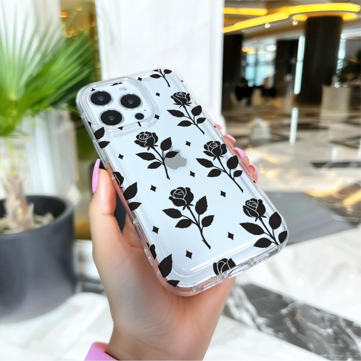 Black Rose Pattern Clear Phone Case for iPhone 17 16 15 14 13 12 11 11 Pro Max Mini 7 8 XR XS X Shockproof Cover with Custom Name