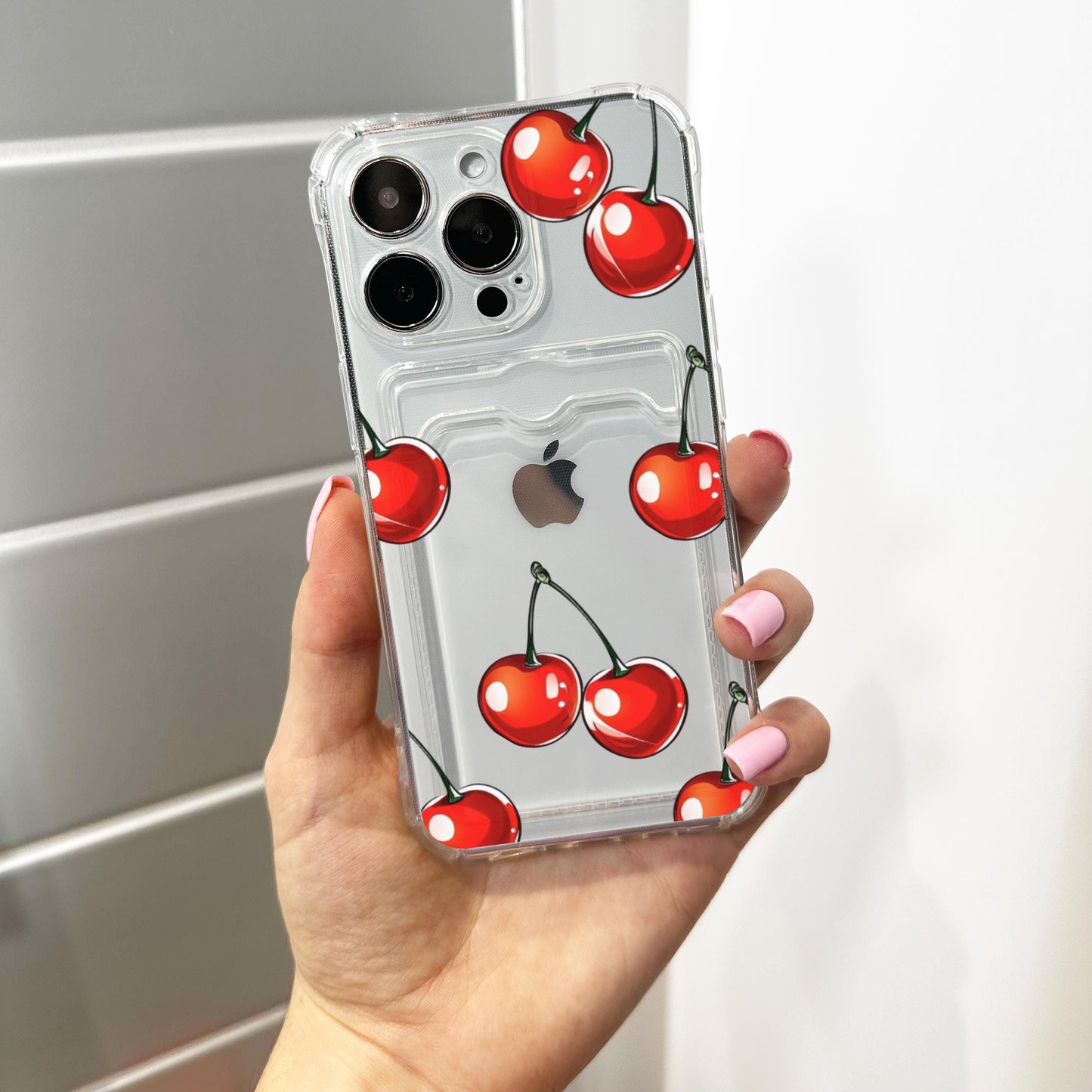 Red Cherry Pattern Clear Card Holder Phone Case for iPhone 17 16 15 14 13 12 11 11 Pro Max Mini 7 8 XR XS X Wallet Shockproof Phone Cover