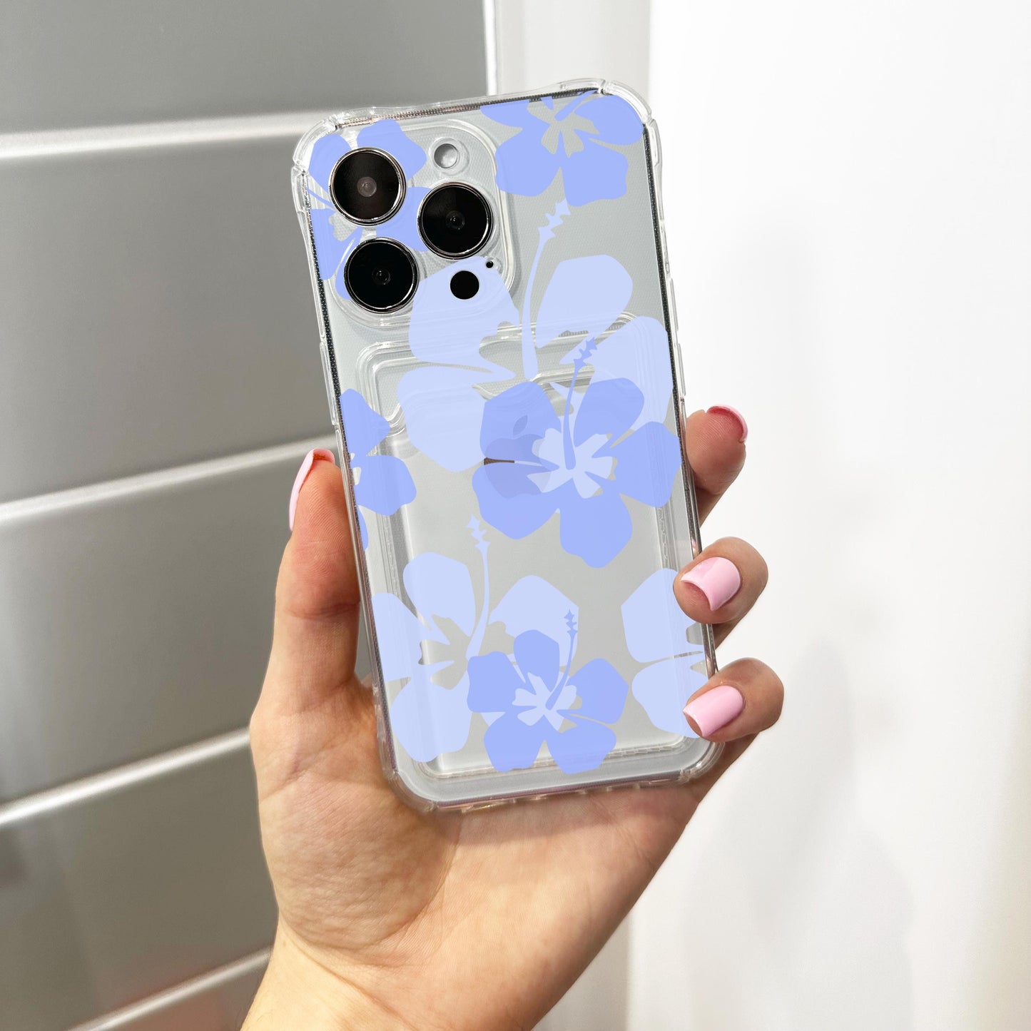 Blue Hawaiian Aloha Flowers Card Holder Phone Case for iPhone 17 16 15 14 13 12 11 11 Pro Max Mini Wallet Shockproof Phone Cover Custom Name