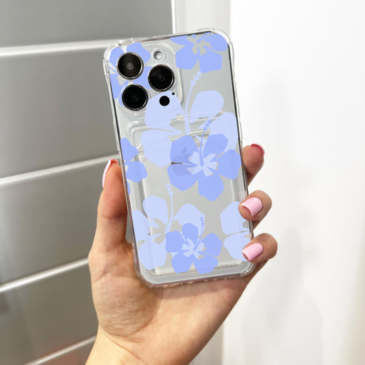 Blue Hawaiian Aloha Flowers Card Holder Phone Case for iPhone 17 16 15 14 13 12 11 11 Pro Max Mini Wallet Shockproof Phone Cover Custom Name