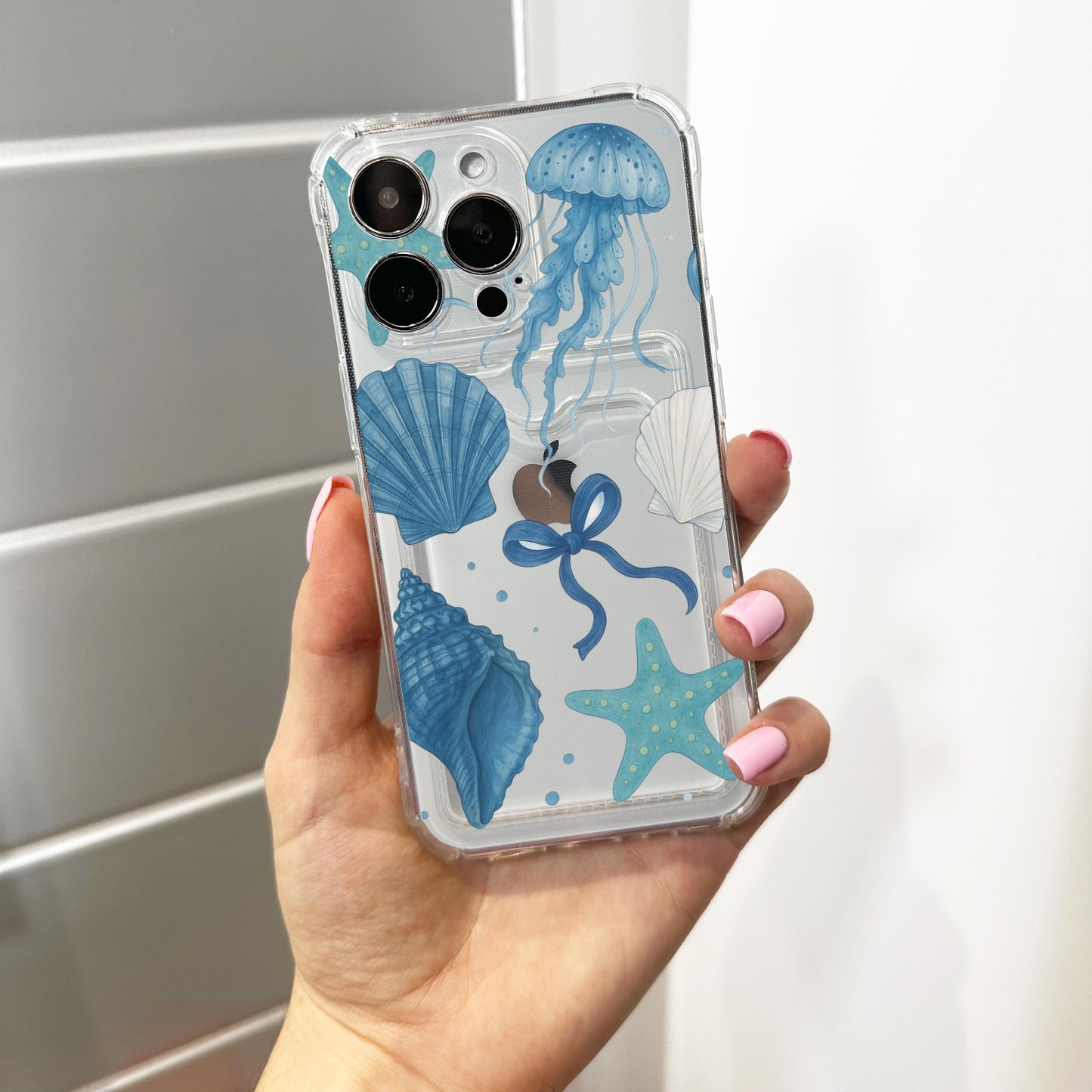 Shell Jelly Fish Bow Blue Ocean Card Holder Phone Case for iPhone 17 16 15 14 13 12 11 11 Pro Max Mini 7 8 XR Wallet Shockproof Phone Cover