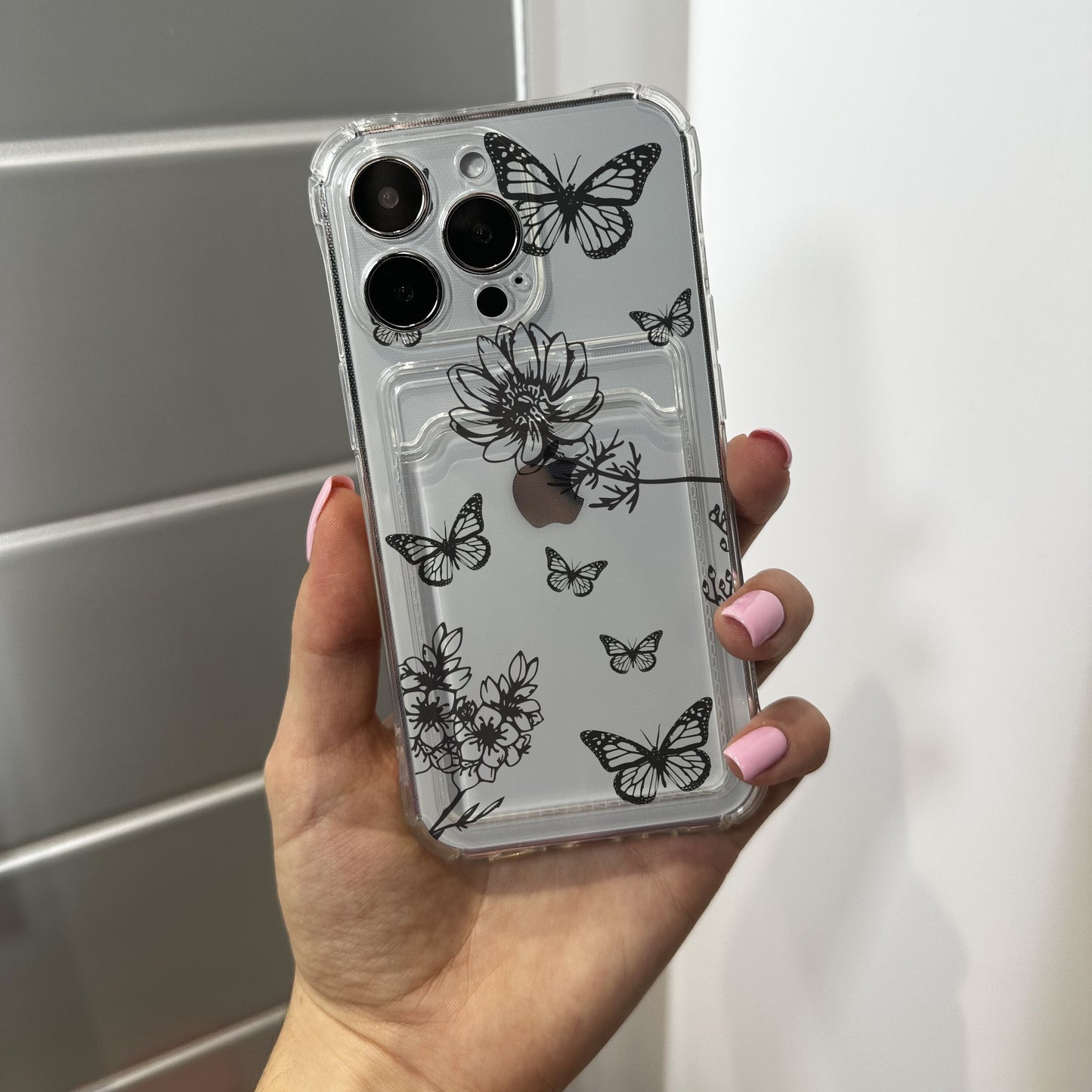 Floral Butterfly Card Holder Phone Case for iPhone 17 16 15 14 13 12 11 11 Pro Max Mini 7 8 XR XS X Shockproof Phone Cover with Custom Name