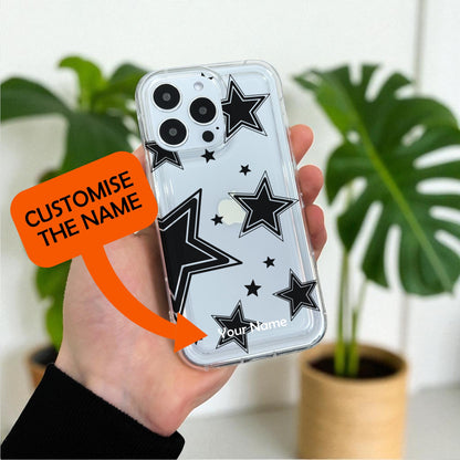 Black Star Print Clear Phone Case for iPhone 17 16 15 14 13 12 11 11 Pro Max Mini 7 8 XR X Shockproof Slim Phone Cover with Customised Name