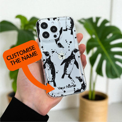 Penguin Print Clear Phone Case for iPhone 17 16 15 14 13 12 11 11 Pro Max Mini 7 8 XR XS X Shockproof Silicone Phone Cover with Custom Name