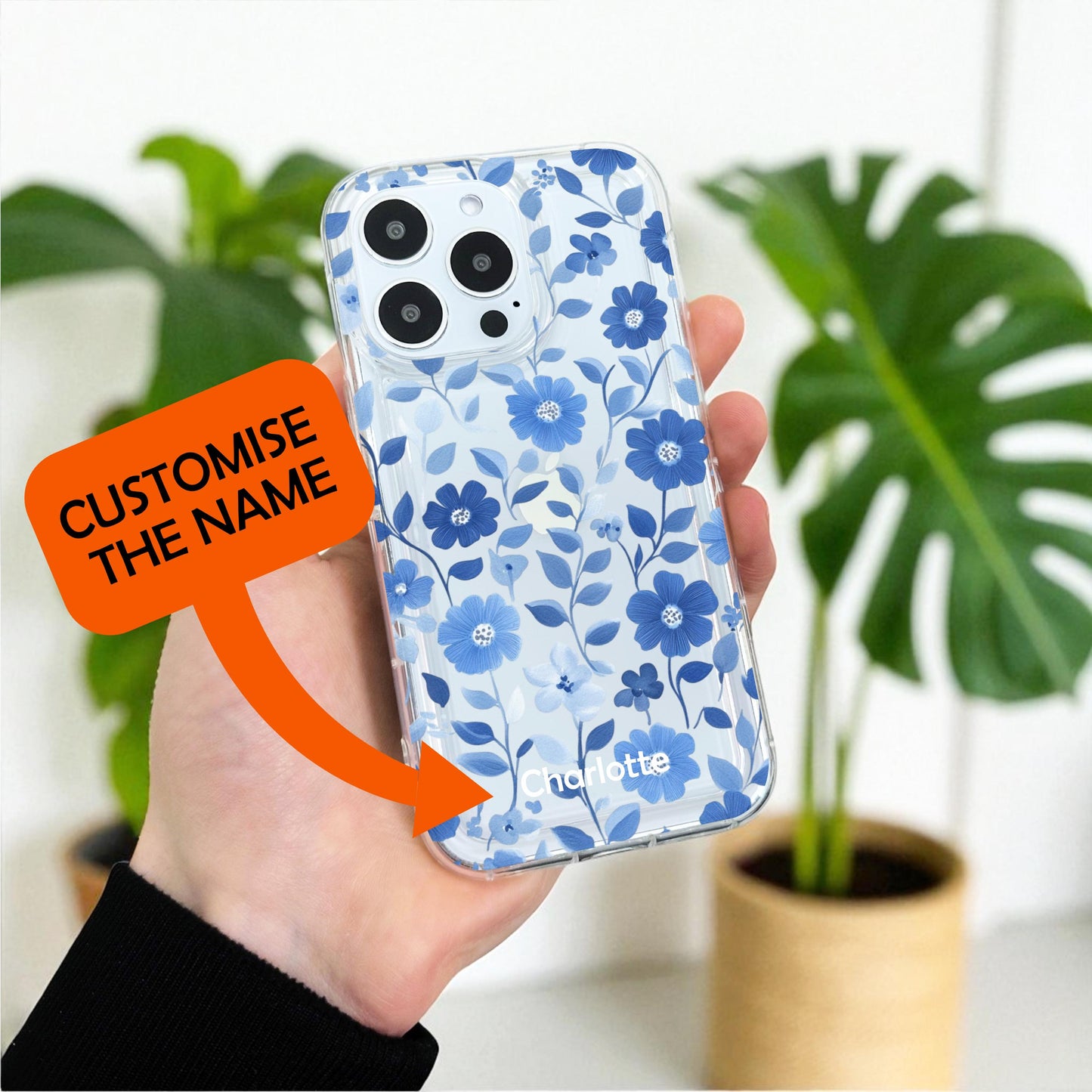 Blue Floral Pattern Clear Phone Case for iPhone 17 16 15 14 13 12 11 11 Pro Max Mini 7 8 XR X Shockproof Slim Phone Cover with Custom Name