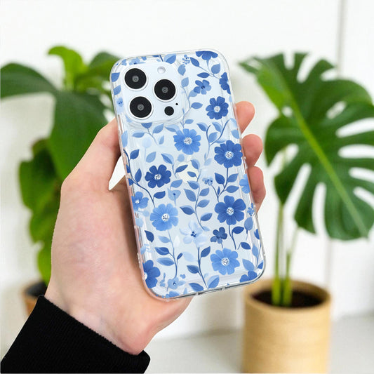 Blue Floral Pattern Clear Phone Case for iPhone 17 16 15 14 13 12 11 11 Pro Max Mini 7 8 XR X Shockproof Slim Phone Cover with Custom Name