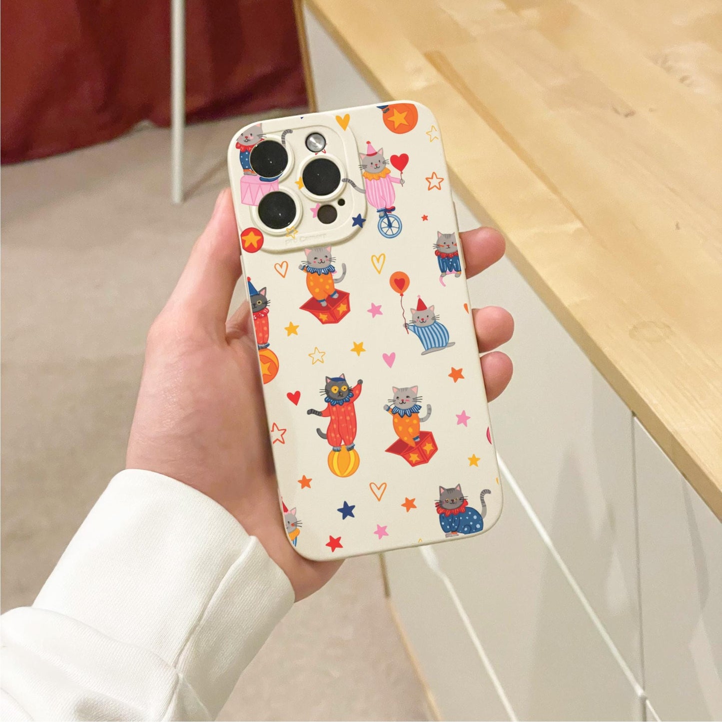 Cute Circus Cat Clown Kitten Beige Phone Case for iPhone 17 16 15 14 13 12 11 11 Pro Max Mini 7 8 XR XS X Shockproof Phone Cover Custom Name